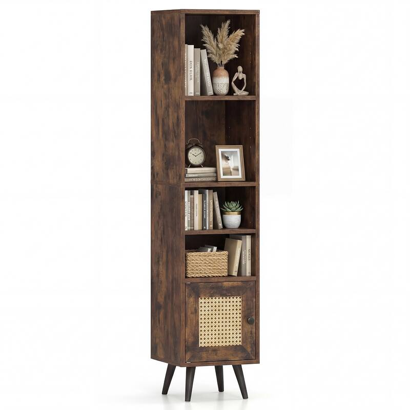 Gymax 6-Tier Tall Narrow Bookcase w/ Adjustable Shelf & Boho Style - Brown