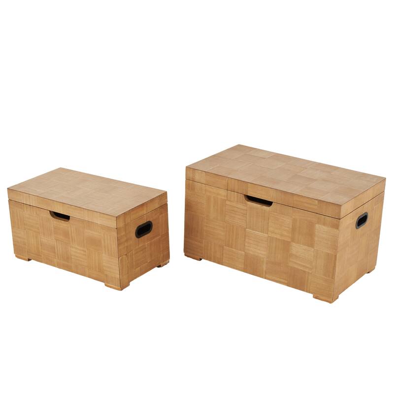 Brown Wood Handmade Decorative Trunk with Black Metal Accents and Square Patterns (Set of 2)