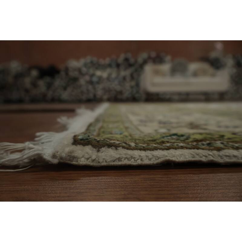 Hand Knotted Oriental Silk Carpet Traditional Floral Beige & Ivories Kashmir Area Rug - 8' 11'' X 5' 11''