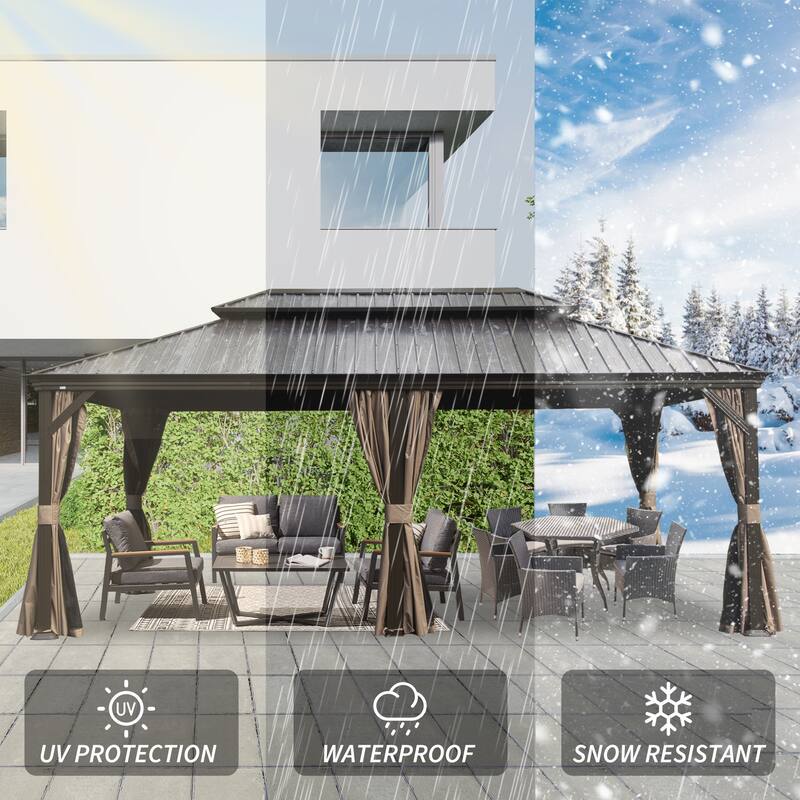 12' X 20' Hardtop Gazebo with Drainage System, Galvanized Steel Roof, Curtains and Netting, Outdoor Shelter for Patio, Garden