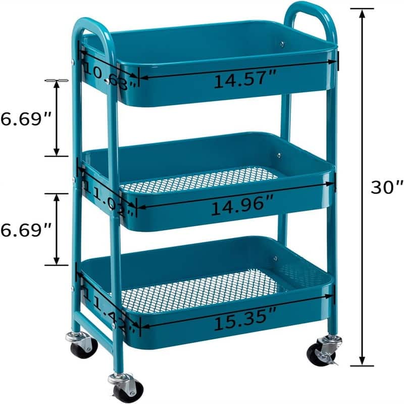3 Tier Metal Utility Cart - 11.42"D x 15.35"W x 30"H