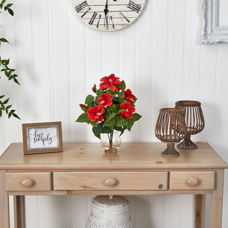 Hibiscus Flower Arrangement with Vase, Silk Faux Flowers Home Decor, Realistic Tropical Display, 14x12x17 Inch - 17