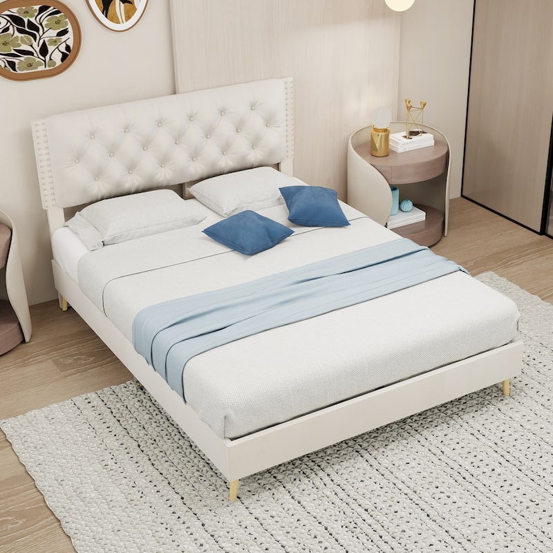 Beige Full Size Platform Bed Frame with Upholstered Headboard