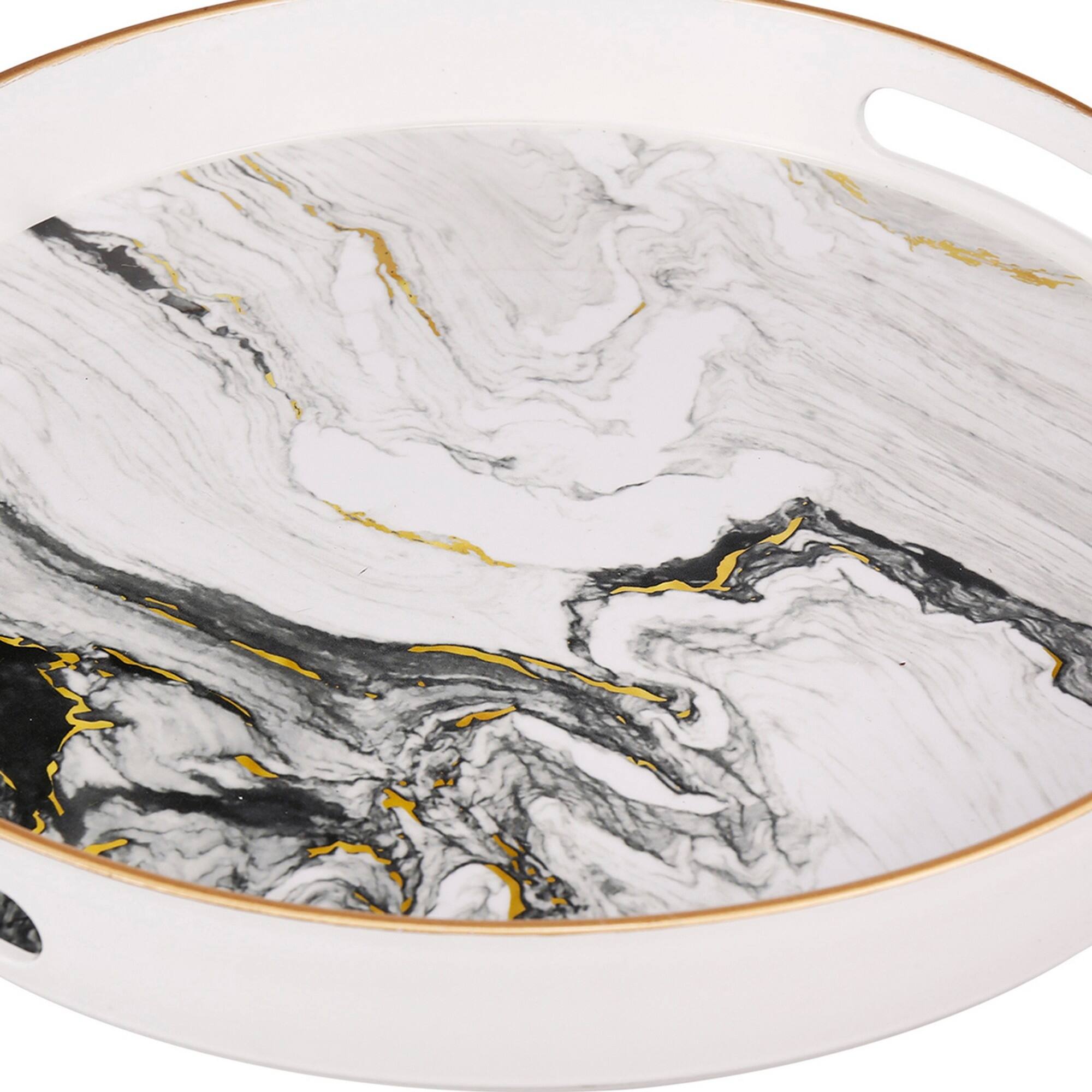Set of 2 Round Accent Trays, Tabletop Decor, Marbling, Black, White