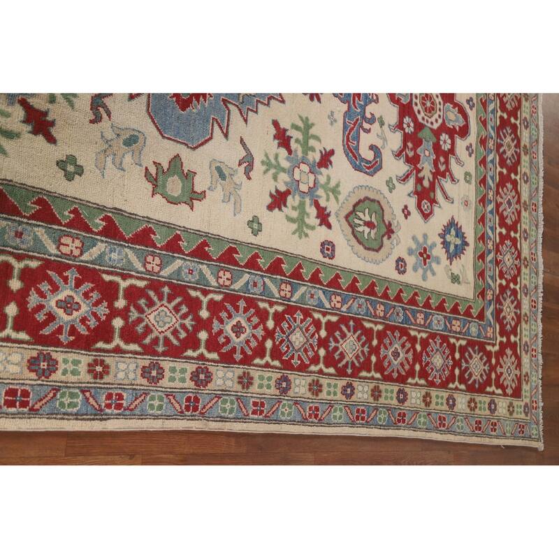 Hand Knotted Oriental 100% Wool Carpet Traditional Geometric Beige & Ivories Kazak Area Rug - 9' 9'' X 6' 7''
