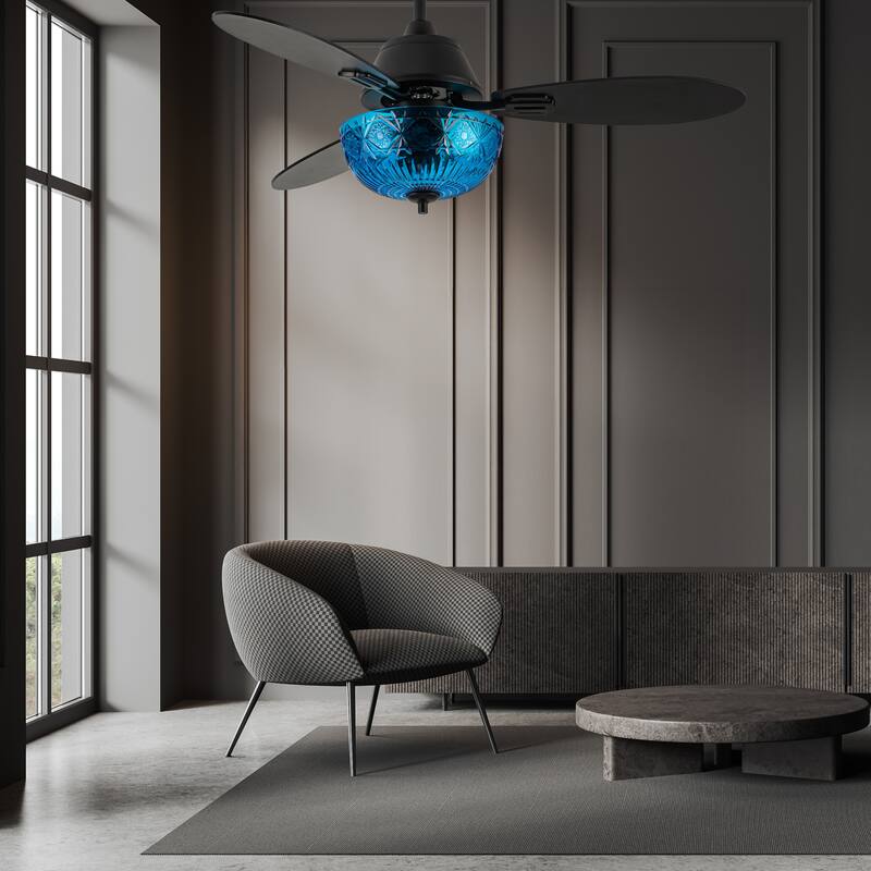 Maisie River of Goods 3-blade 42-inch Modern Indoor Ceiling Fan with Blue Hand-Cut Glass Globe Shade and Remote Control