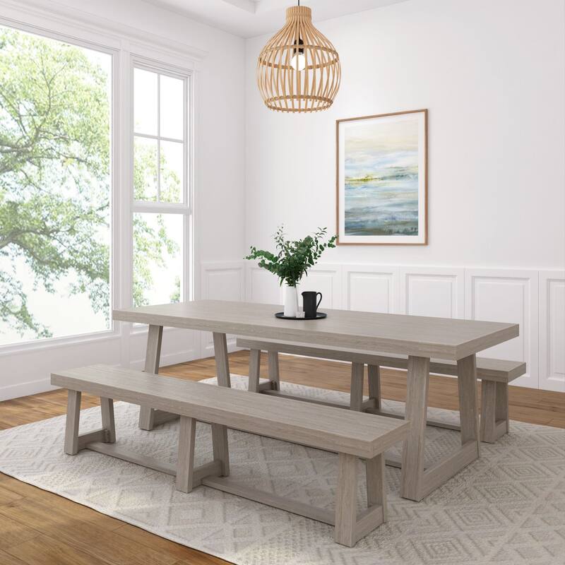 Plank and Beam 94" Classic Solid Wood Conference Dining Table and Benches - Seashell Wirebrush