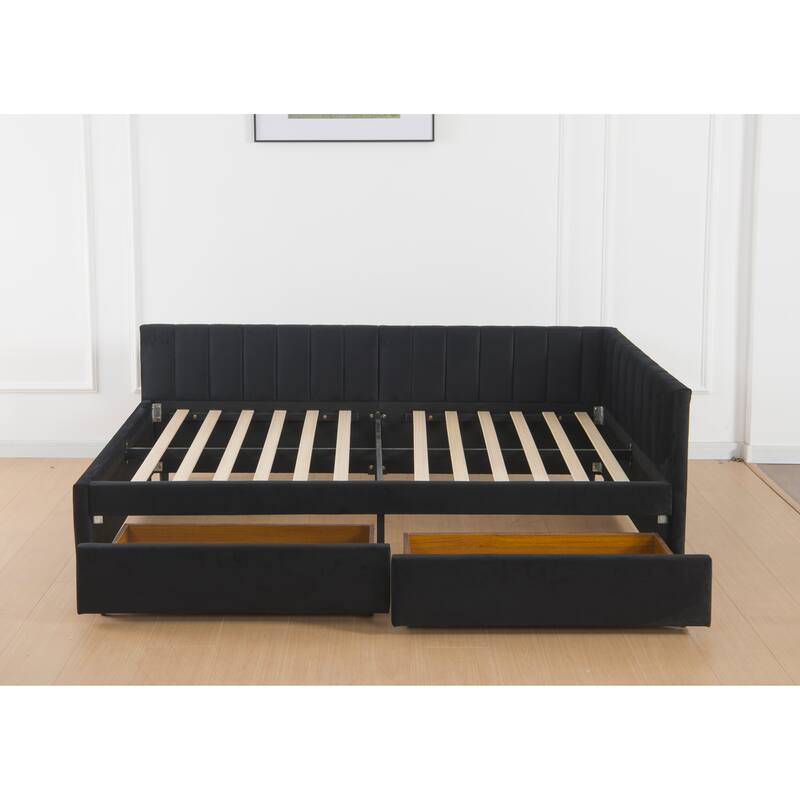 Full Size Upholstered Daybed with 2 Storage Drawers, Velvet Corner Sofa Bed Frame with L Shaped Headboard, No Box Spring Needed