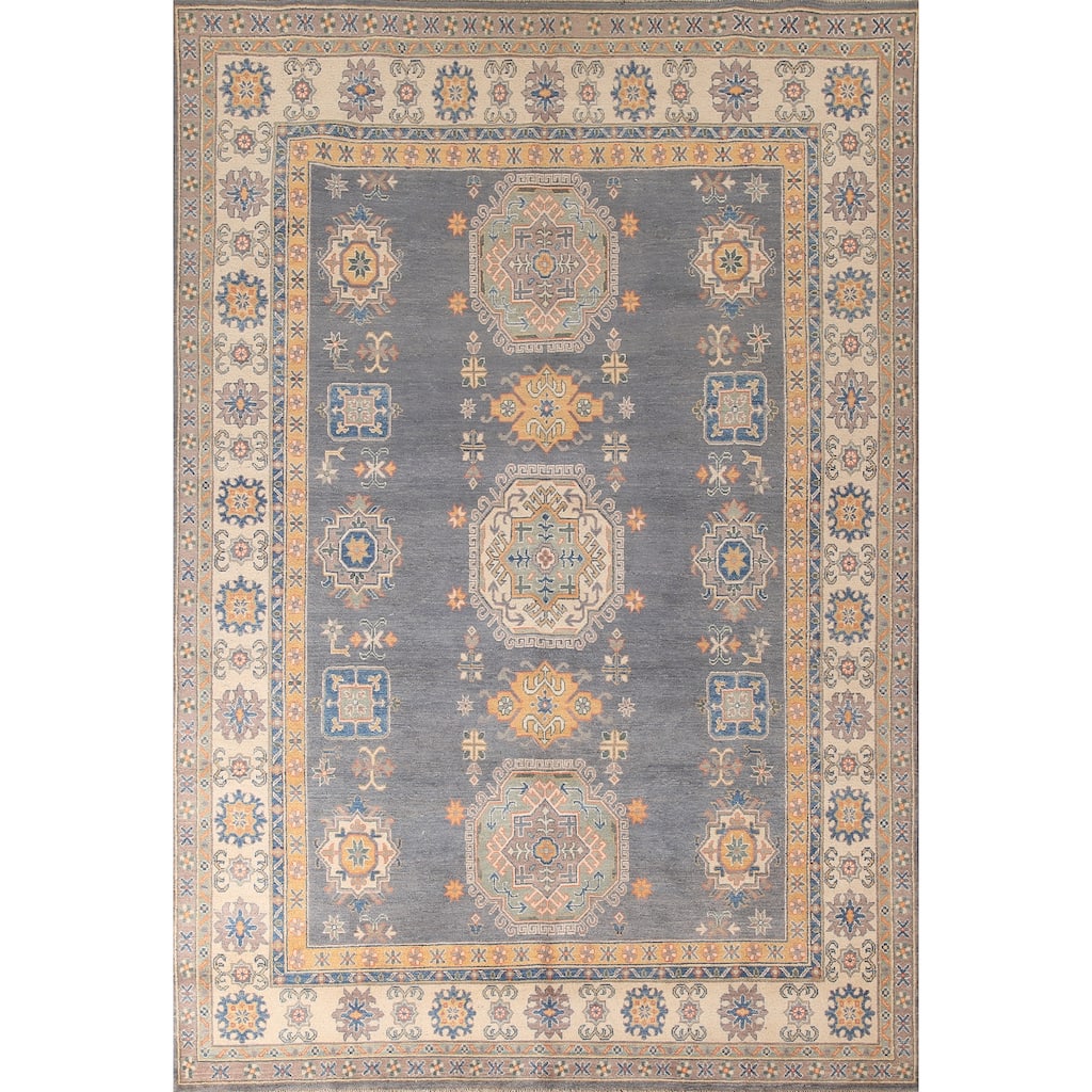 Gray Kazak Living Room Area Rug Hand-Knotted Traditional Wool Carpet - 6'7" x 9'9"