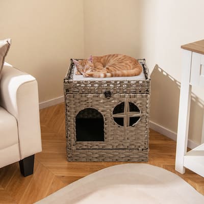 Grey 2-Tier Rattan Cat Condo with Washroom Detachable Cushions and Stylish Side Table Furniture - 21" x 17" x 22.5"
