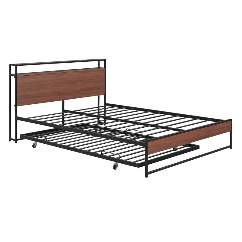Full/Queen Platform Bed Frame with Trundle, USB Ports and Steel Slat Support, Metal and Wooden Bed Frame with Storage Headboard