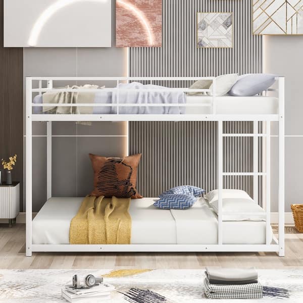 slide 2 of 11, Modern & Convenient Design Full over Full Metal Bunk Bed with Built-in Ladder and Full-length Guardrail, Sturdy Frame, White