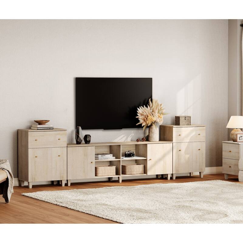WAMPAT 3 in 1 TV Stand with Cabinets and Drawers for 75 inch TVs - Light Oak