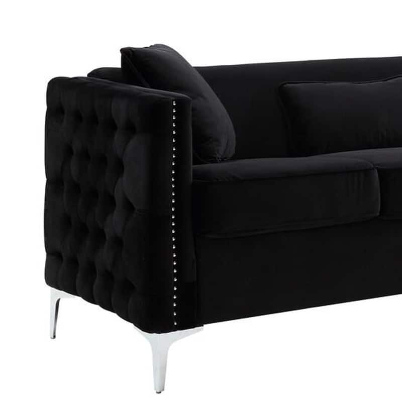 Joel 73 Inch Modern Sofa with 3 Pillows, Tufted Black Velvet, Silver Legs