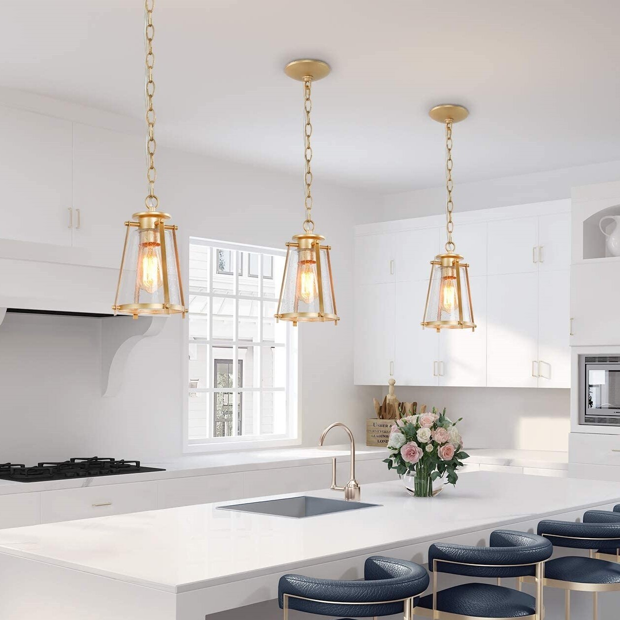 Modern Gold 1-Light Cone Seeded Glass Pendant Lights for Kicthen Island