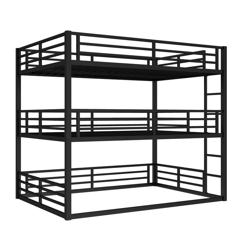 Roomfitters Twin/Full/ Queen Metal Triple Bunk Bed with Safety Guardrails, Heavy-Duty Noise-Reduced Frame, Black