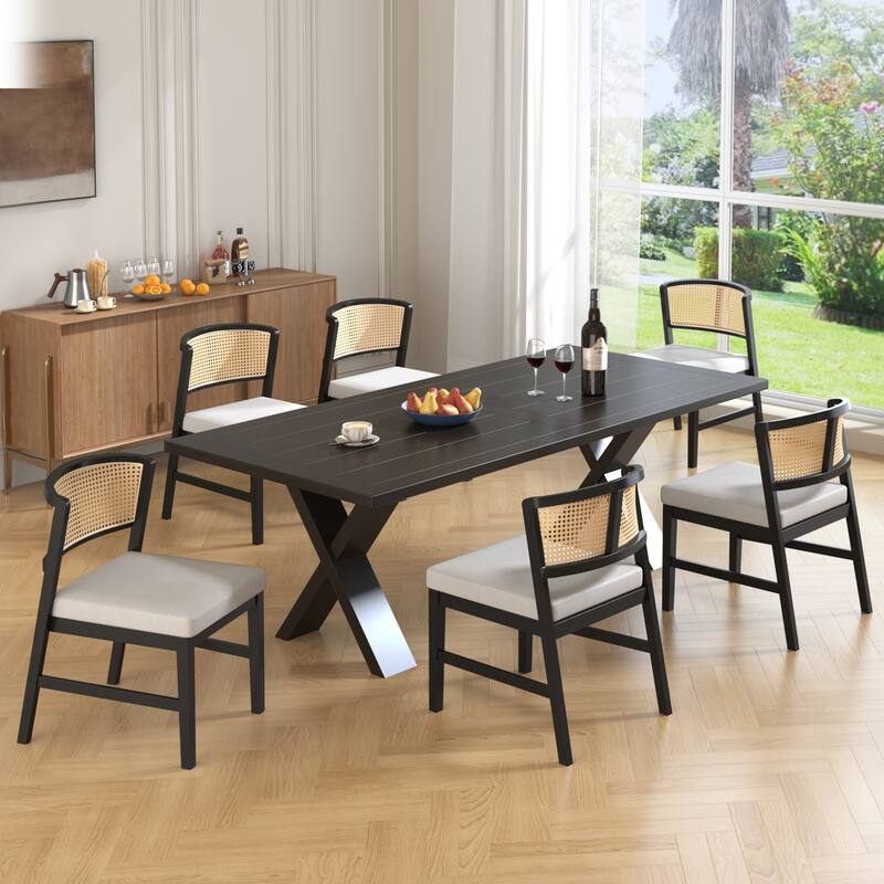 Rattan Dining Chairs Set of 2, Fabric Upholstered Kitchen Side Chair, Curved Rattan Back