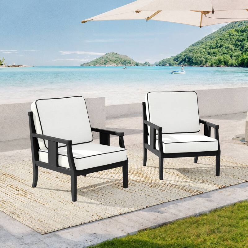 Black Wood Patio Accent Chairs with Water-Resistant Cushions