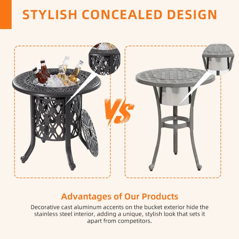 21"Side table With Removable Ice Bucket- Rustproof Cast Aluminum Frame, Hand-Brushed Finish, Food-Grade 304 Stainless Steel