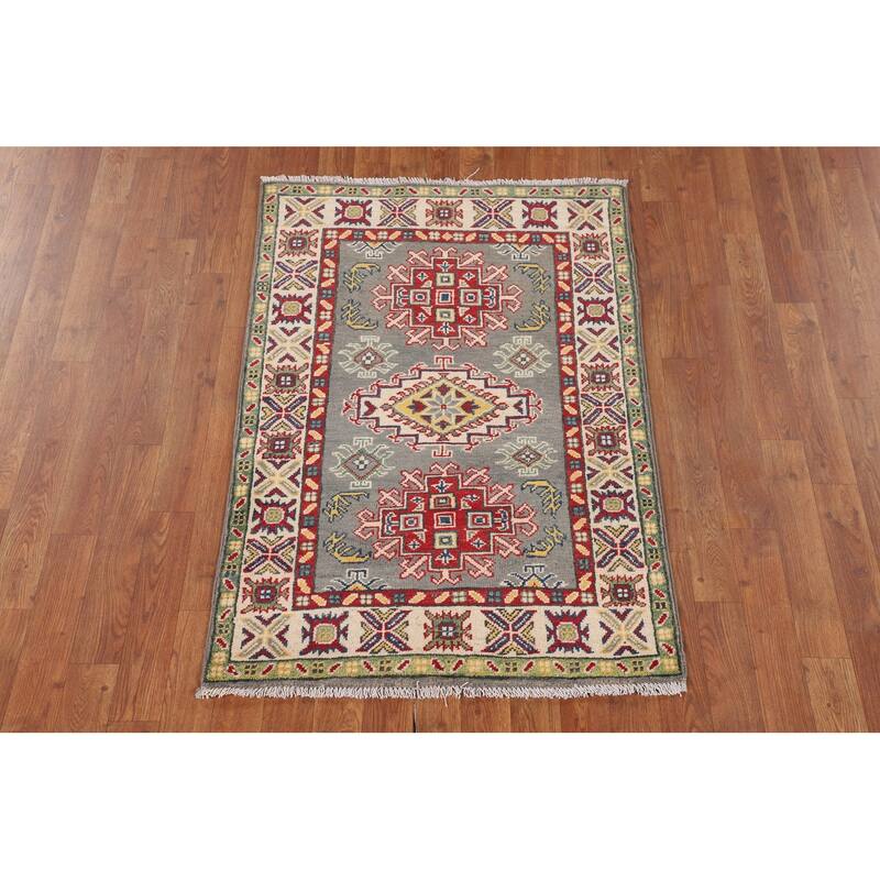 Grey Traditional Kazak Accent Rug Hand-Knotted Wool Carpet - 2'8" x 3'11"