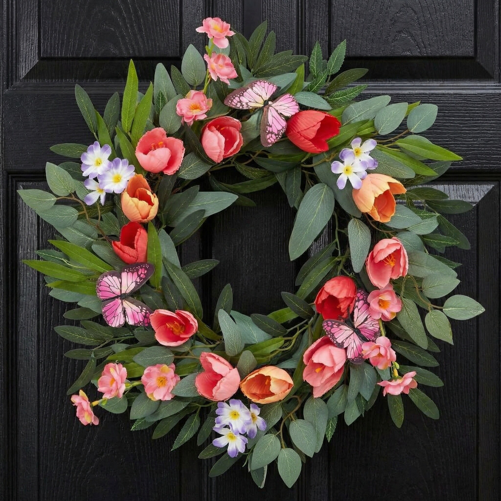 Tulip Wreath with Butterflies for Front Door, Spring Summer Wreath with Colorful Blooms for Farmhouse Easter Decor