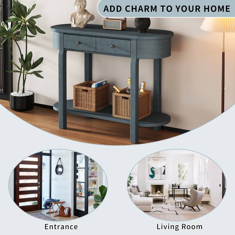 Curved Console Table with 2 Storage Drawers and Metal Handles, Wooden Hallway Tables Entryway Table wOpen Storage Shelf