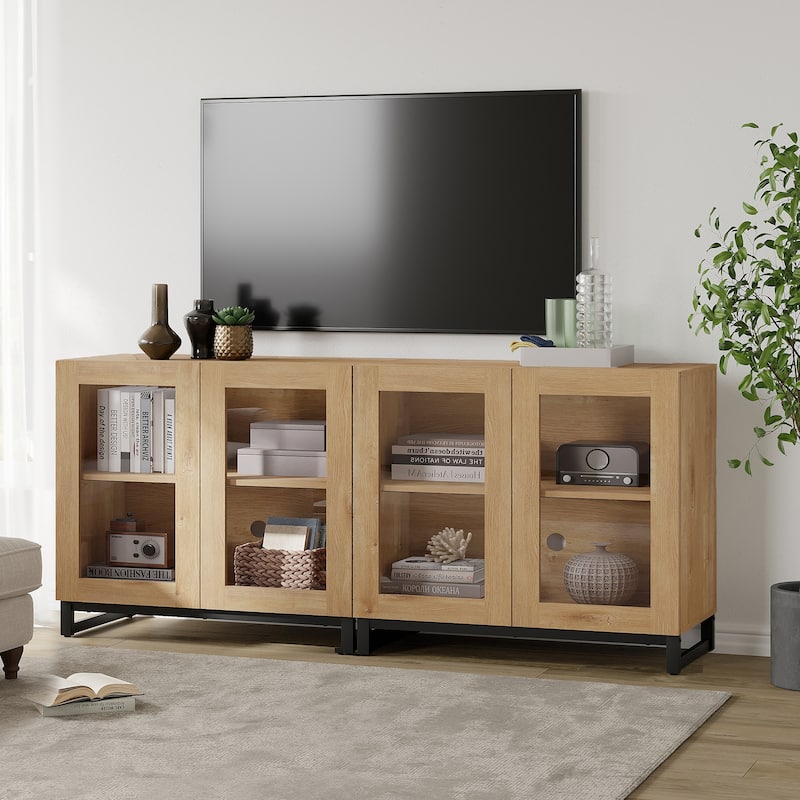 WAMPAT Modern TV Stand with Glass Doors for 110 inch TVs, Entertainment Center Console with Adjustable Shelves and Metal Base - 2PCS - Oak