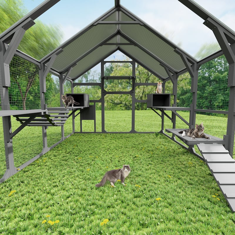 Anmytek Large Outdoor Cat Enclosure Wooden House with 7 Platforms