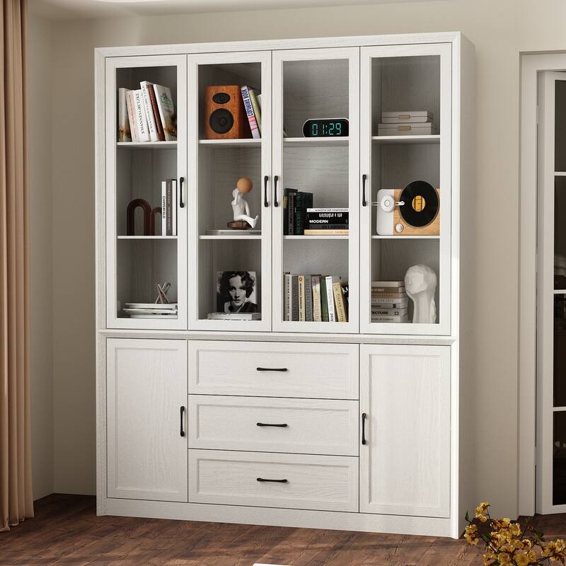 79.6" Tall Glass Display Cabinet, 6-Tier Bookshelf with Drawers Bookcae Panrty