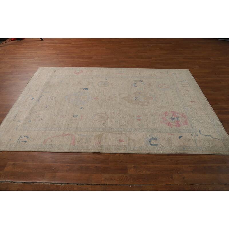 Vegetable Dye Oushak Turkish Rug Handmade Bedroom Beige Wool Carpet - 4'10"x 7'5"