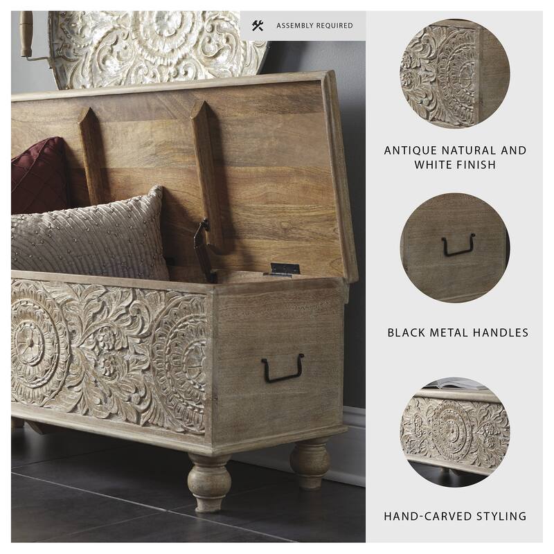 Fossil Ridge Antique White Carved Medallion Storage Bench