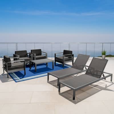 Cape Coral Outdoor Aluminum Tempered Glass 7-piece Chat Set with Cushions by Christopher Knight Home