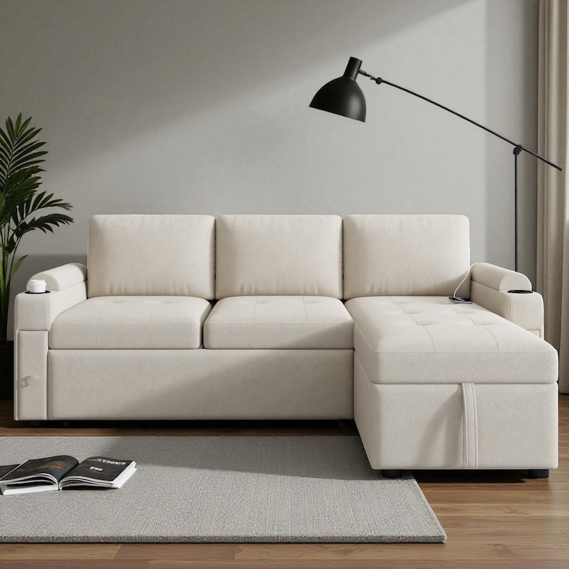 83.5" L-Shaped Convertible Sectional Sofa Bed with Storage Chaise Cup Holders USB Ports Chenille Couch for Living Room - Beige