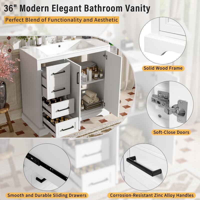 36" Modern Bathroom Vanity with Ceramic Sink, Soft-Close Door, Adjustable Shelf & 3 Drawers, Ample Storage