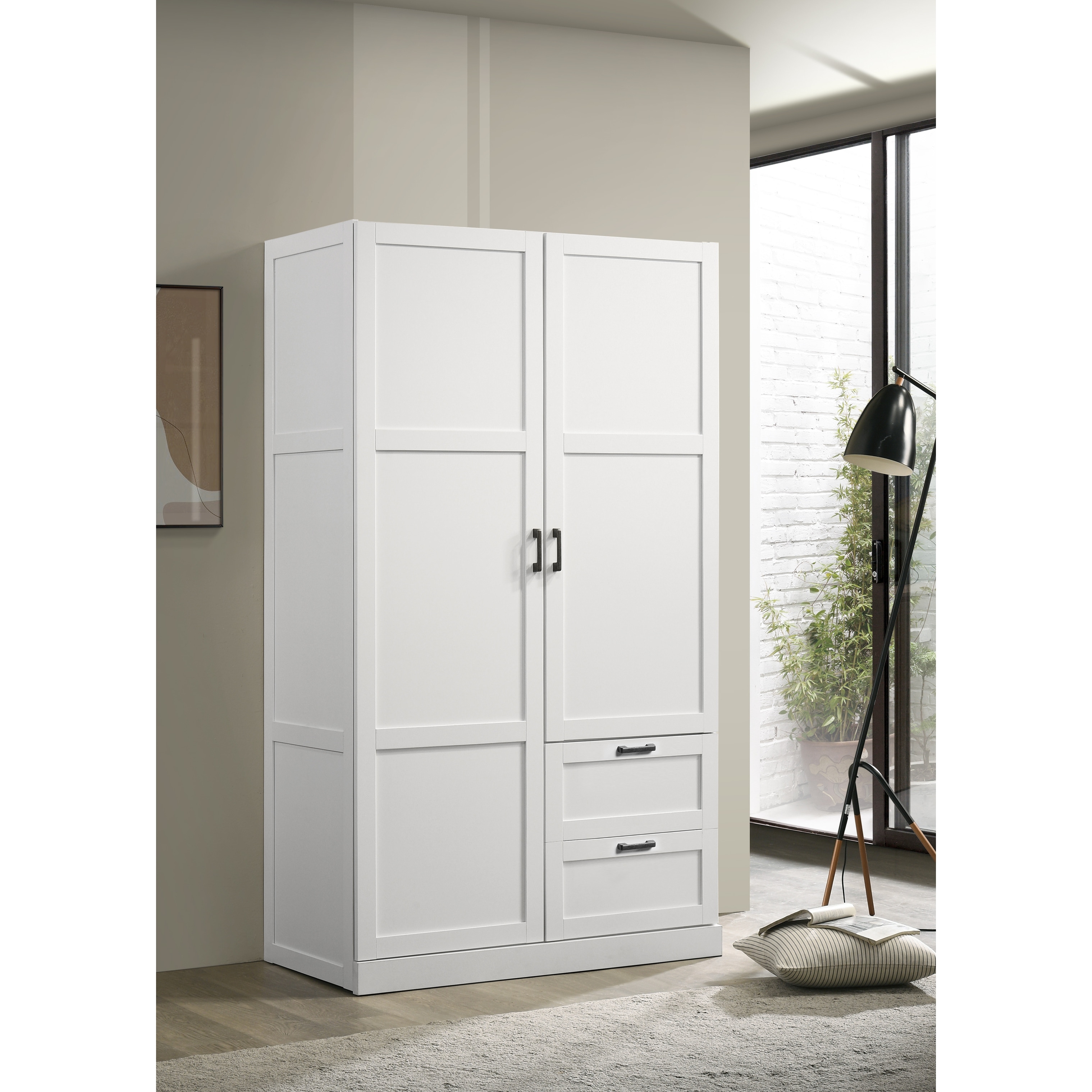 Aubree White Wardrobe Cabinet Armoire with 2 Drawers and Hanging Rod