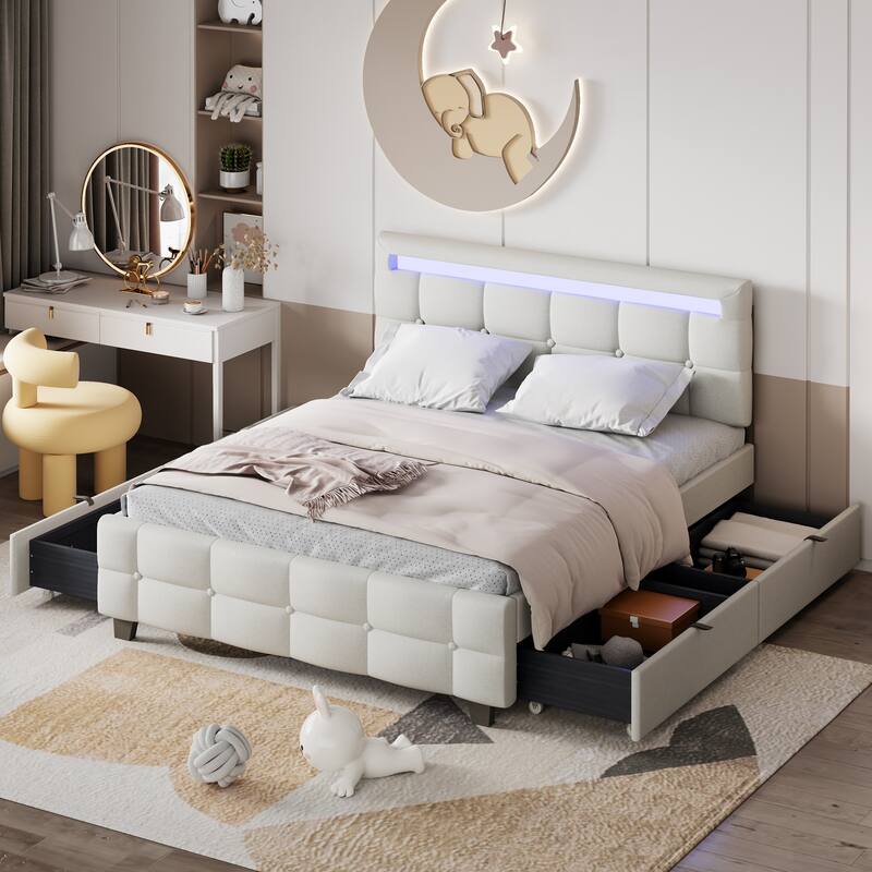 Queen Size Upholstered Platform Bed with LED Frame and 4 Drawers, Linen Fabric