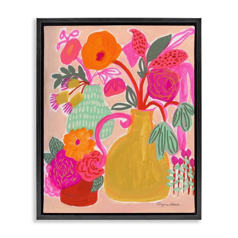 Stupell Bright Pink & Yellow Bouquet Framed Floater Canvas Wall Art Design By Suzanne Allard - 17 x 21 - Black