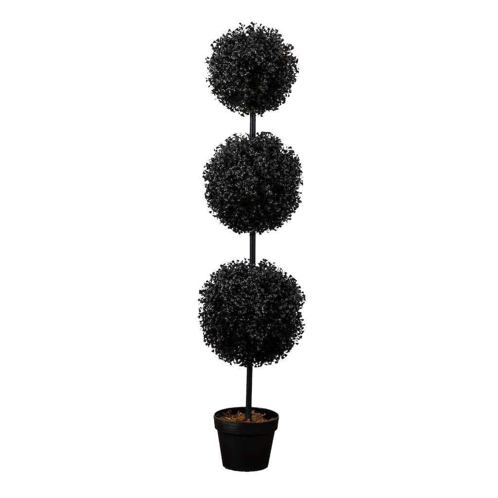 Triple Boxwood Ball UV-Resistant Artificial Halloween Topiary Tree - 4' - Black