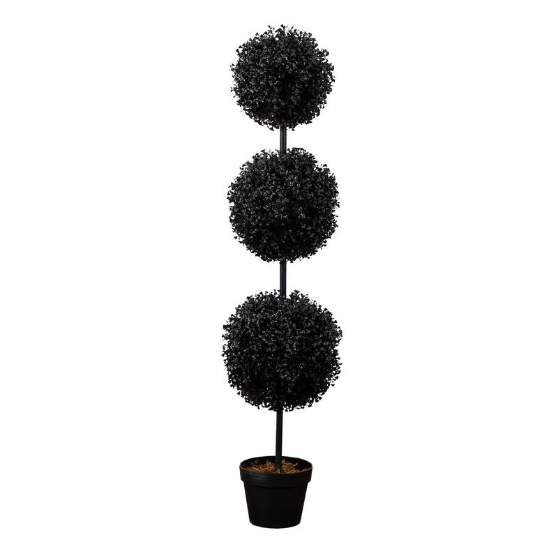 Triple Boxwood Ball UV-Resistant Artificial Halloween Topiary Tree - 4' - Black