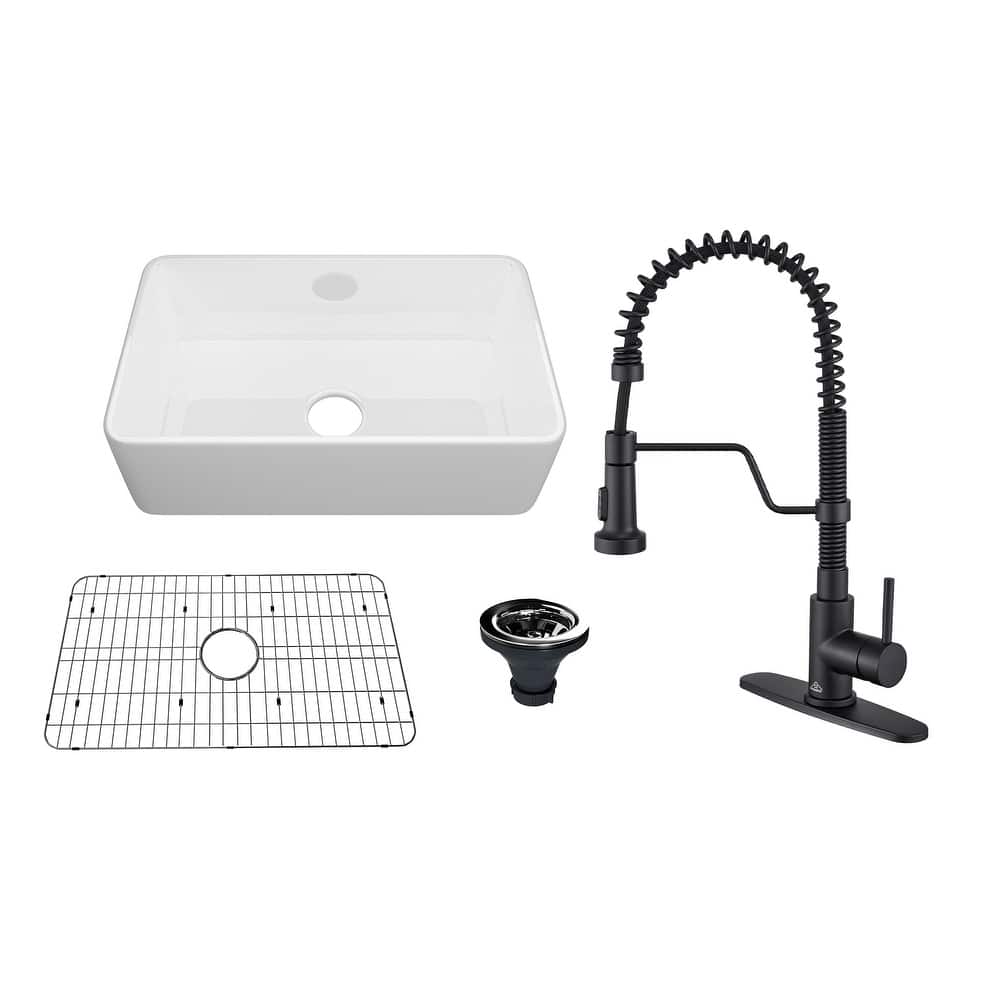 Farmhouse/Apron-Front Single Bowl Fireclay Kitchen Sink with 3-Function Pull-Down Faucet, Bottom Grid, and Basket Strainer