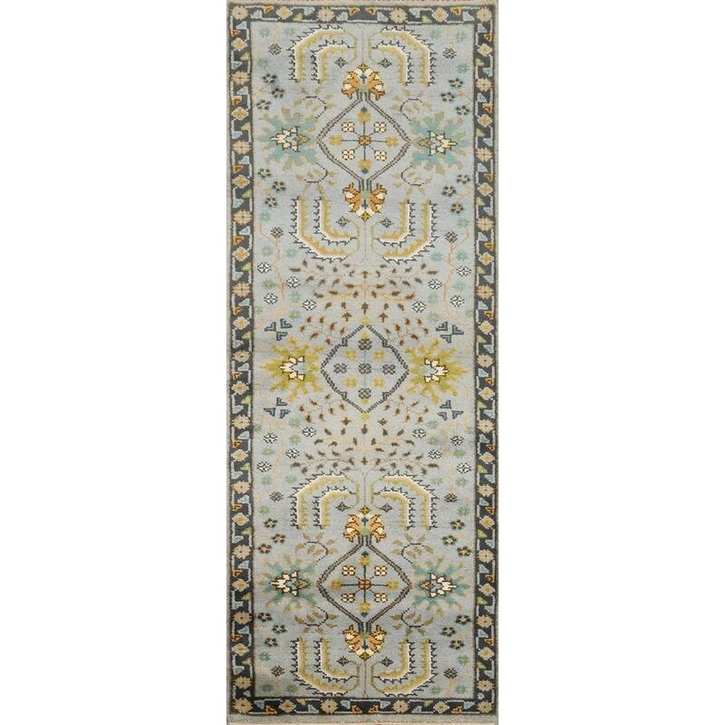 Hand Knotted Oriental 100% Wool Carpet Transitional All-Over Greys & Charcoal Oushak Runner Rug - 7' 11'' X 2' 6''