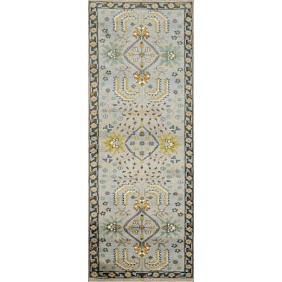 Hand Knotted Oriental 100% Wool Carpet Transitional All-Over Greys & Charcoal Oushak Runner Rug - 7' 11'' X 2' 6''