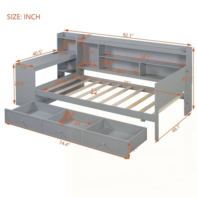 Wooden Daybed With 3 Drawers and USB Ports