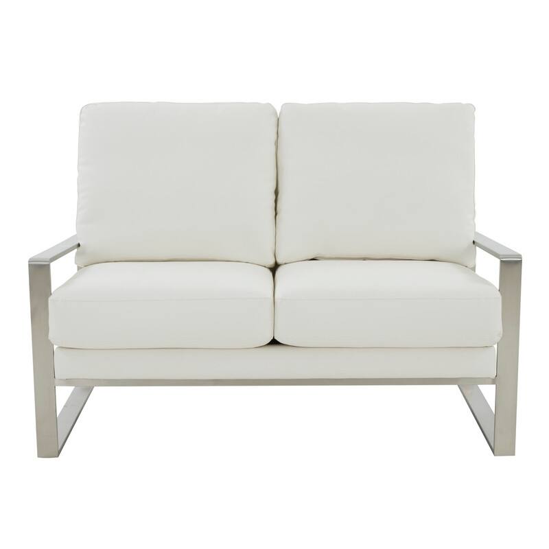Jefferson Modern Leather Loveseat with Brushed Silver Stainless Steel Base, Removable Cushions, Sinuous Springs, Fully Assembled