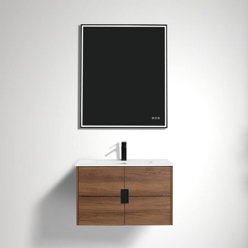 Blossom Bathroom Vanity with Sink, All-Wood Wall-Mounted Floating - 30 inch Brown Walnut - Glossy
