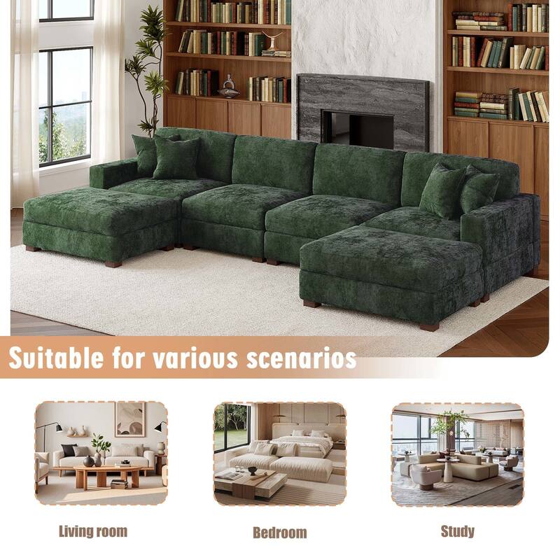 Oversized Chenille Modular Sectional Sofa Conversation Set with 2 Ottomans