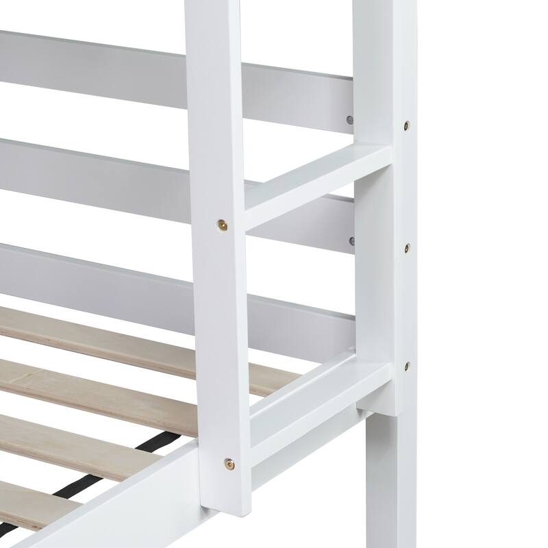 Roomfitters Twin Over Twin Rubber Wood Bunk Bed with Shelves Headboard, Convertible Design, Ladder and Safety Guardrails