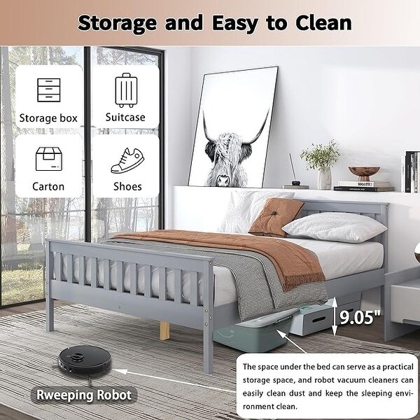 Modern Low Profile Full Size Platform Bed with Headboard with Corner Grey