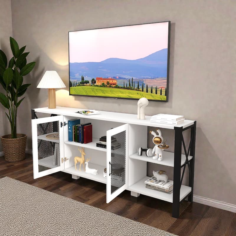 Industrial TV Stand for Living Room, Modern Farmhouse Wood & Metal Entertainment Center with Open Bookshelf
