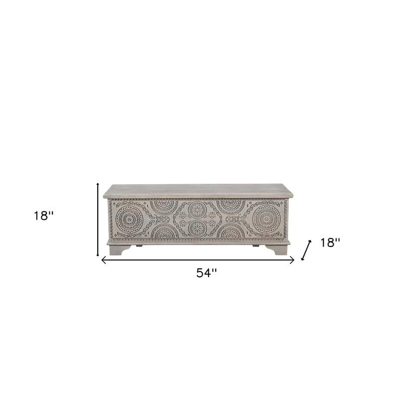 HomeRoots 54" Gray Carved Geo Scroll Solid Wood Storage Ottoman